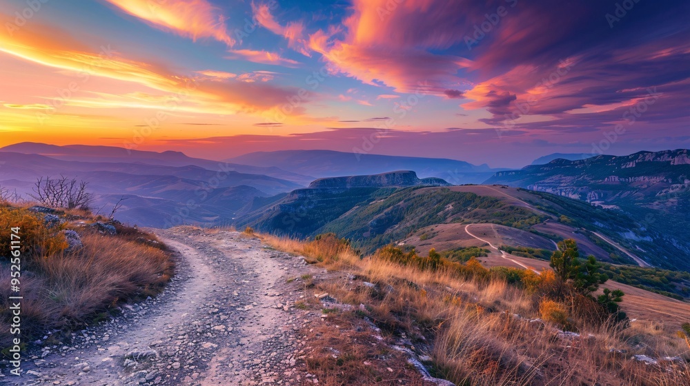 Picturesque Mountain Landscape at Golden Hour with a Winding Trail and Vibrant Sunset Sky Picturesque Mountain Landscape at Golden Hour with a Winding Trail and Vibrant Sunset Sky