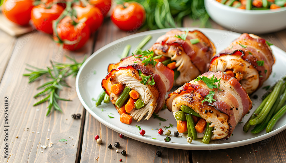 Delicious chicken rolls stuffed with green beans and carrots wrapped in strips of bacon Delicious chicken rolls stuffed with green beans and carrots wrapped in strips of bacon