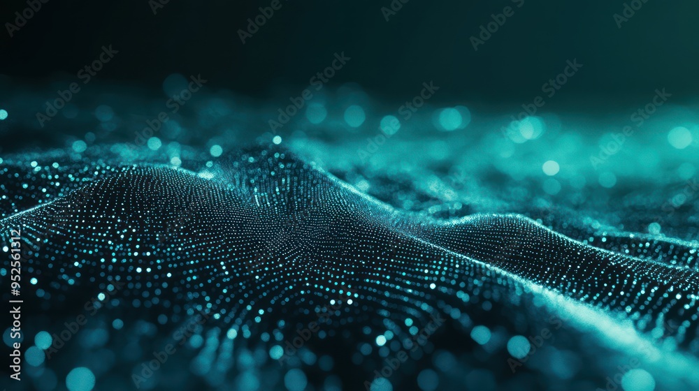 Abstract Teal and Black Wavy Surface with Glowing Dots