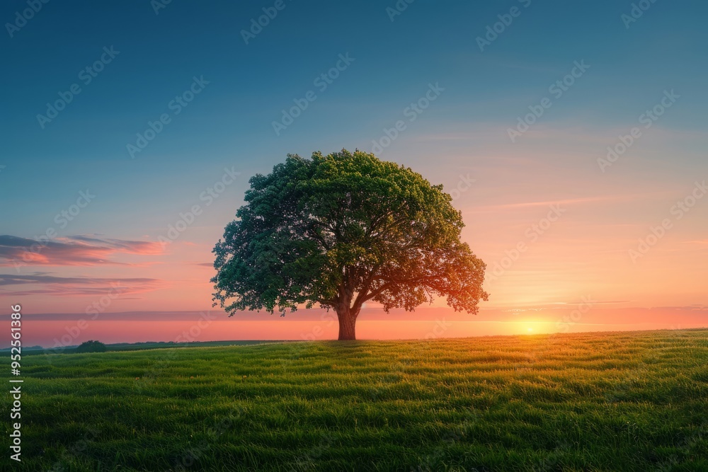 Fototapeta premium Lonely Big Oak Tree Standing Proudly Against a Clear, Colorful Dawn Sky. Minimalist Landscape with Expansive Green Grass Foreground and a Serene, Vibrant Sky in the Background.