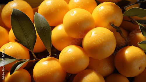 Gros plan sur des nèfles, loquats avec de la condensation et de l'eau. Branches et fleurs. Nourriture, fruits. Sain, bon, délicieux. Pour conception et création graphique. 