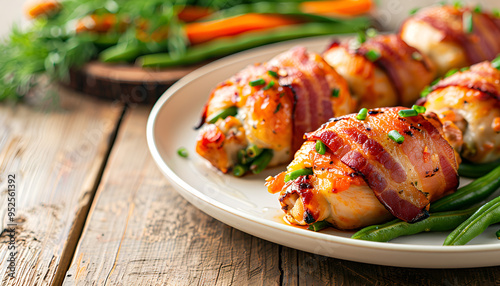 Delicious chicken rolls stuffed with green beans and carrots wrapped in strips of bacon