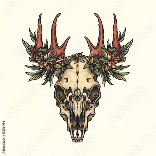 mytical creature animal head skeleton bones very simple traditional tattoo flash styles illustration photo