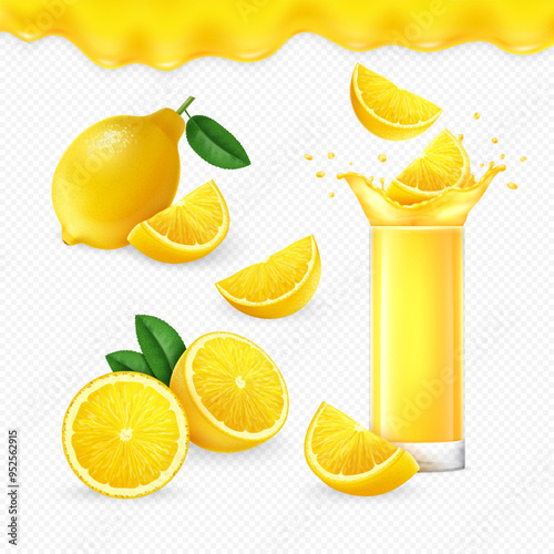 Realistic 3D set of whole, slice and piece of lemon fruit and glass of fresh lemon juice with splash on transparent white background. Yellow liquid juice drip.