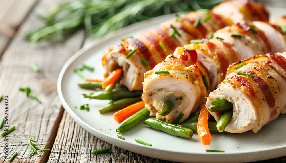 Delicious chicken rolls stuffed with green beans and carrots wrapped in strips of bacon Delicious chicken rolls stuffed with green beans and carrots wrapped in strips of bacon