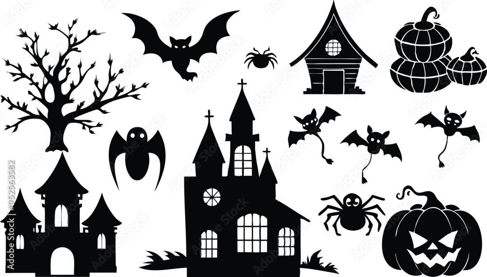 Silhouettes for the Halloween Vector illustration. Ghost, Pumpkin head with baseball bat, Cat with knife. Halloween concept. white background Silhouettes for the Halloween Vector illustration. Ghost, Pumpkin head with baseball bat, Cat with knife. Halloween concept. white background