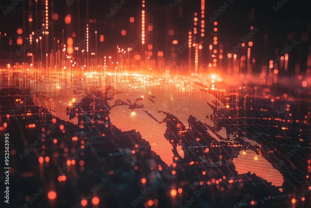 Naklejka premium Graphic of a Financial Graph Overlay with Smart Icons Displaying Global Market Trends. Modern Design Illustrating Market Dynamics and Stock Photography Elements for Financial Analysis and Visualizatio