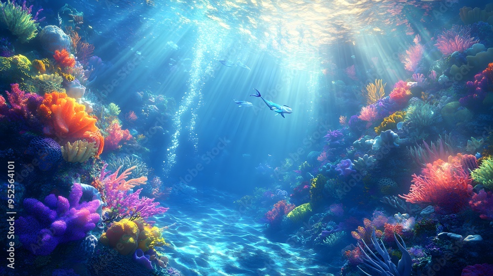 Underwater world with mermaids exploring coral gardens and sunlight shining through the water Vivid fantastical with vibrant colors fluid shapes realistic 3D marine life Underwater world with mermaids exploring coral gardens and sunlight shining through the water Vivid fantastical with vibrant colors fluid shapes realistic 3D marine life