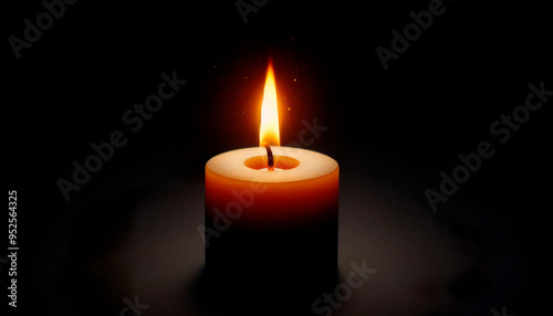 Close up single candle light and flame on black background 