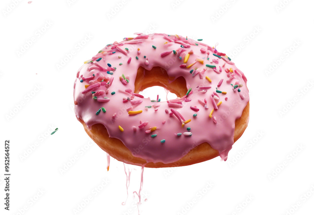Donut glazed with pink icing and sprinkles floating in air on a ...