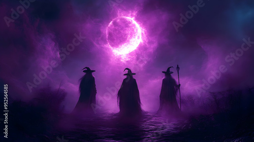 3D Glowing Abstract Witches Coven concept as A sleek glowing abstract digital art depicting a witches coven under a glowing moon. The scene is perfect for Halloween ads promoting witch themed parties  photo