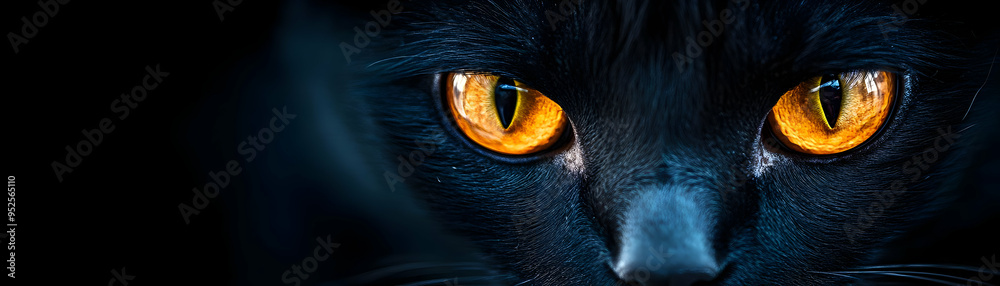 Glossy Black Cat Background with Glowing Eyes concept as A glossy background featuring a black cat with glowing eyes staring from the shadows. The scene is perfect for Halloween advertisements or spoo Glossy Black Cat Background with Glowing Eyes concept as A glossy background featuring a black cat with glowing eyes staring from the shadows. The scene is perfect for Halloween advertisements or spoo