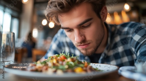 Savoring the Moment: A young man gazes intently at his meal, capturing the anticipation and delight of a culinary experience.