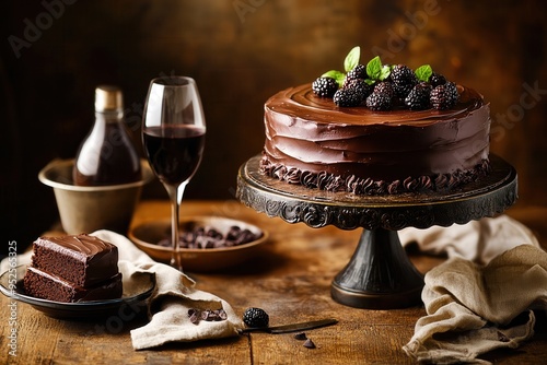 chocolate cake with nuts and a glass of port wine photo