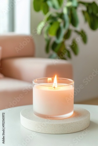 A glowing candle on a minimalist table, providing warmth and ambiance to a modern interior with lush greenery.