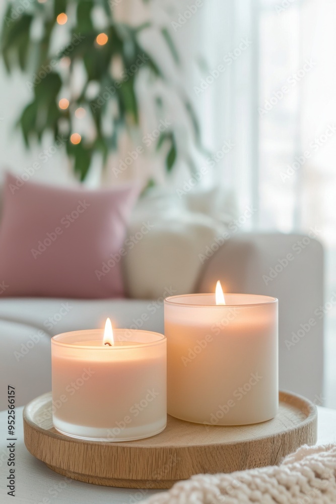 Cozy interior with two lit candles on a wooden tray, creating a warm atmosphere in a stylishly decorated living space.