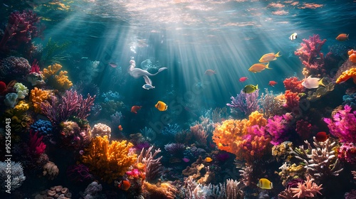 Colorful underwater world filled with mermaids coral gardens and sunbeams shining through the water Vivid fantastical with fluid shapes realistic 3D marine life