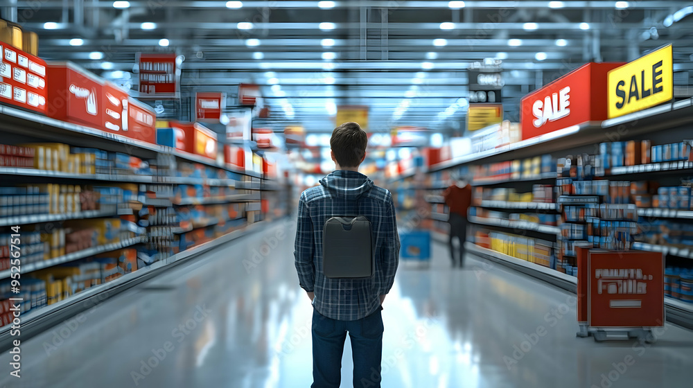 3D Shopper Staring at Sale Signs concept as Candid shot of a shopper staring intently at sale signs in a store during Black Friday capturing the focus and determination to find the best deals of the d 3D Shopper Staring at Sale Signs concept as Candid shot of a shopper staring intently at sale signs in a store during Black Friday capturing the focus and determination to find the best deals of the d