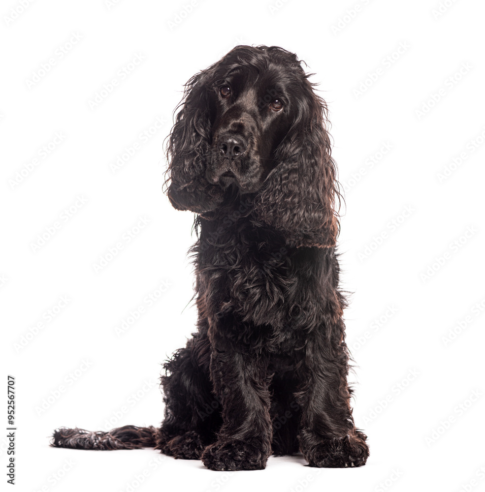 Curious black cocker spaniel sitting and looking up isolated on white background Curious black cocker spaniel sitting and looking up isolated on white background