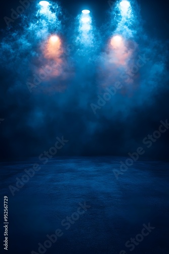 Three spotlights illuminate a dark room with blue smoke, creating a dramatic and mysterious atmosphere.