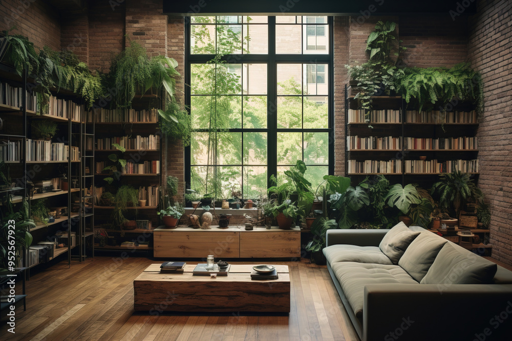 Modern Living Room with Green Plants and Natural Light Modern Living Room with Green Plants and Natural Light