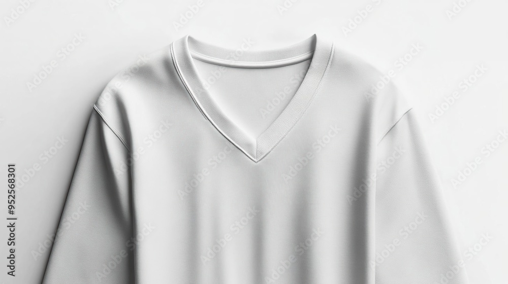 A minimalist white V-neck t-shirt displayed against a plain background. A minimalist white V-neck t-shirt displayed against a plain background.