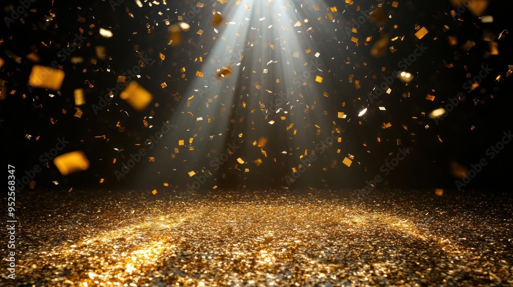 Naklejka premium Golden Confetti Falling Under a Spotlight onto a Glittering Surface