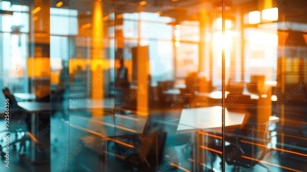 Modern Office Interior with Sunlight Through Glass Walls Modern Office Interior with Sunlight Through Glass Walls