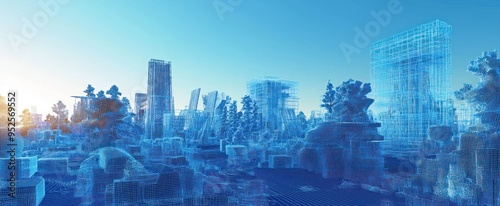 Wireframe Cityscape with Blue Hues and a Sunlit Sky