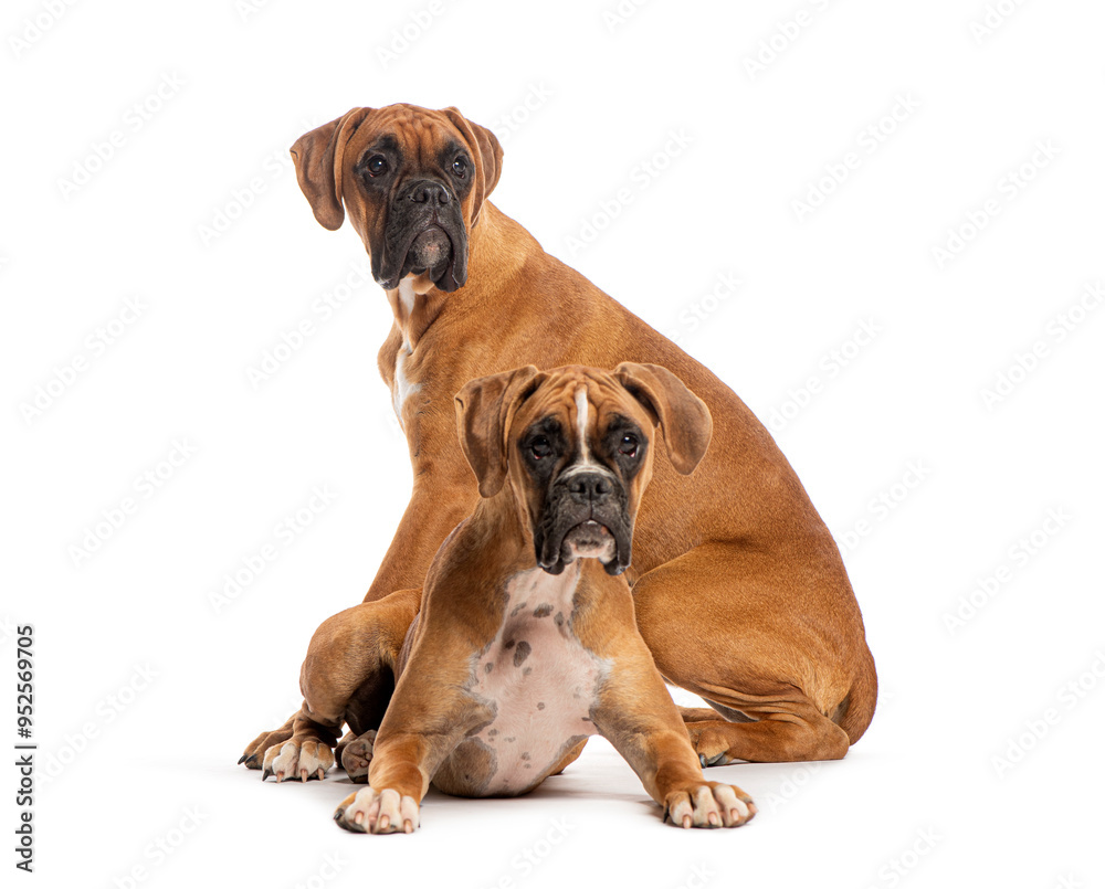 Two boxer dogs posing together on white background Two boxer dogs posing together on white background