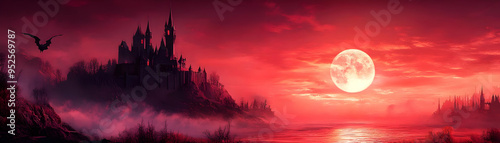 Glossy Vampire Castle Background at Dusk concept as A glossy background featuring a vampire castle perched on a hill with a glowing red sky at dusk. The scene is perfect for setting a spooky yet elega