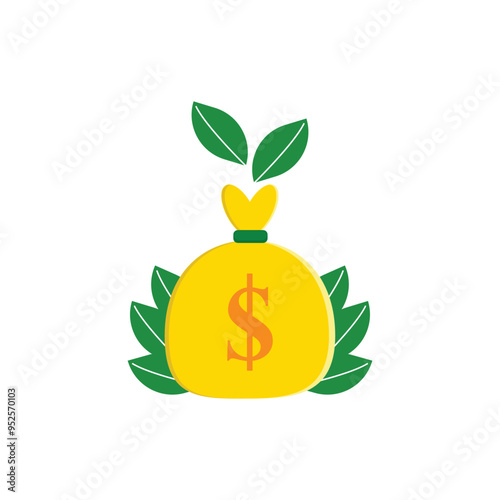 vector illustration of a dollar bag topped with green leaves and surrounded by green leaves