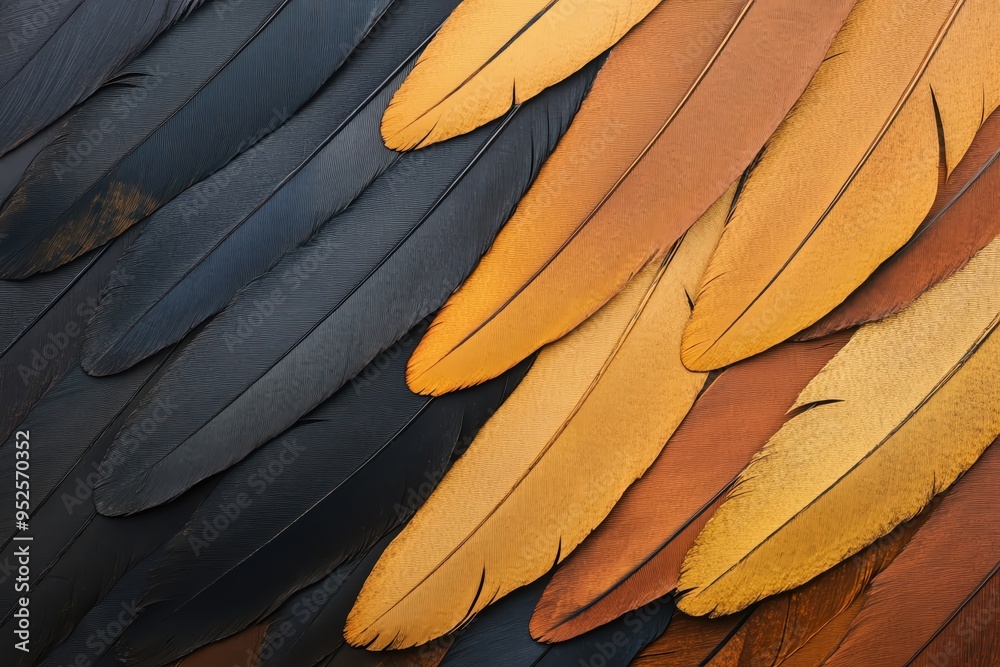 Obraz premium A close-up view of colorful feathers showcasing various textures and shades, perfect for nature and wildlife themes.