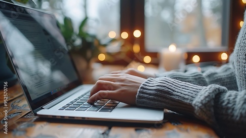 A detailed view of hands typing on a laptop, close-up shot, with a blog post draft open on the screen, soft light from the screen reflecting on the fingers, hd quality, realistic textures, photo