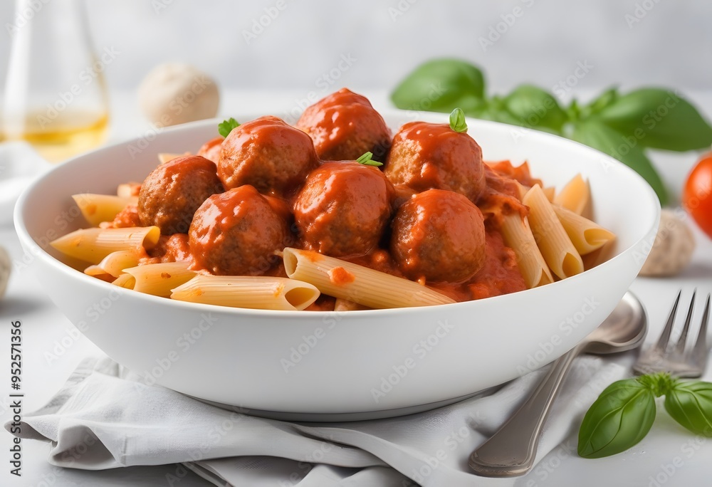 Penne pasta with meatballs in tomato sauce and vegetables in a bowl. Top view
Penne pasta with meatballs in tomato sauce and vegetables in a bowl. Top view