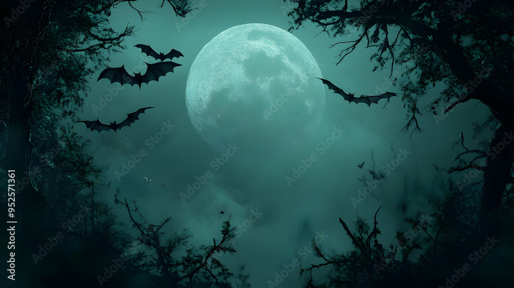 Fototapeta premium 3D Bat and Full Moon Border with Nightfall Text concept as A dark and eerie border frame featuring bats and a full moon at the edges with the word Nightfall in a sleek mysterious font. The design incl