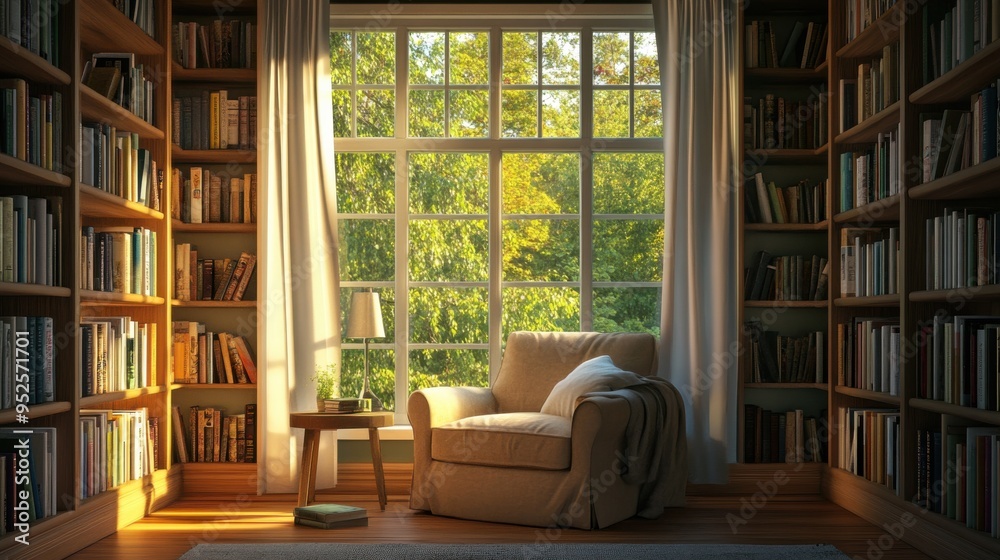 Sunlit Sanctuary: A cozy reading nook bathed in golden sunlight, featuring a comfortable armchair nestled between expansive bookshelves filled with countless stories. Sunlit Sanctuary: A cozy reading nook bathed in golden sunlight, featuring a comfortable armchair nestled between expansive bookshelves filled with countless stories.