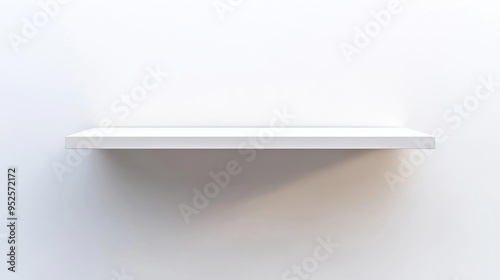 A minimalist white shelf against a plain wall, ideal for displaying items or decor. photo