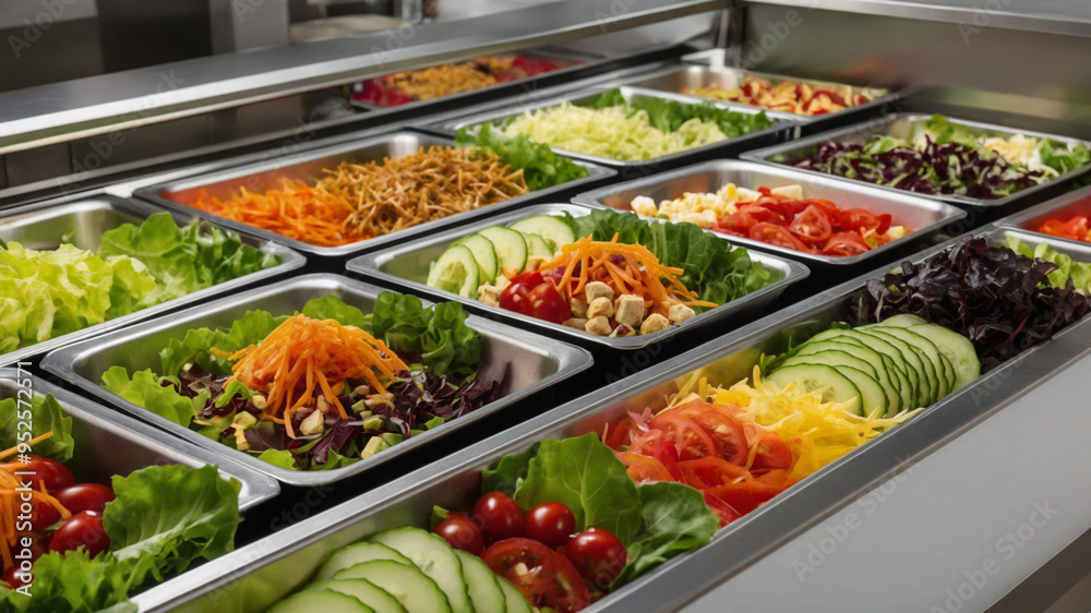 A salad bar offering an extensive selection of fresh, tasty salads, part of a business office cafeteria that provides healthy food, and created digitally. A salad bar offering an extensive selection of fresh, tasty salads, part of a business office cafeteria that provides healthy food, and created digitally.