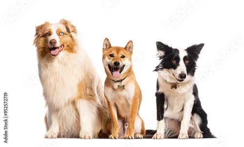 Australian shepherd, shiba inu and border collie sitting and panting