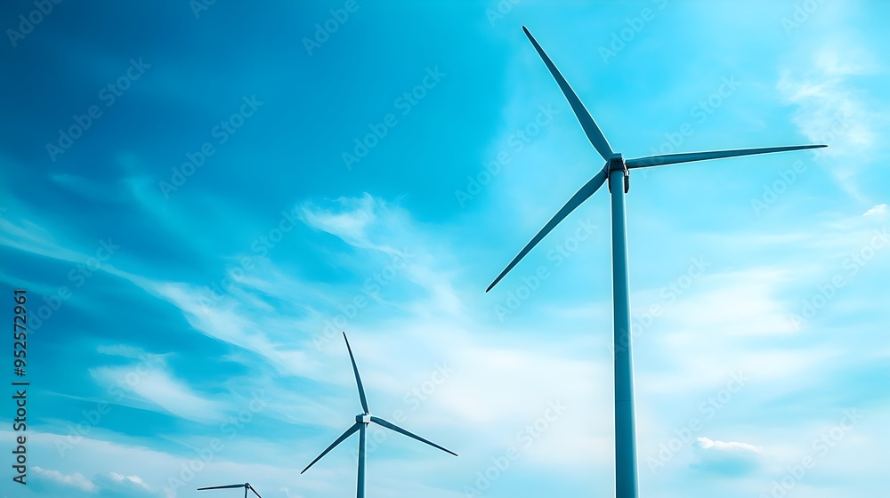 Fototapeta premium Closeup image of a modern wind farm with multiple wind turbines generating renewable energy against a clear blue sky with copy space and isolate background