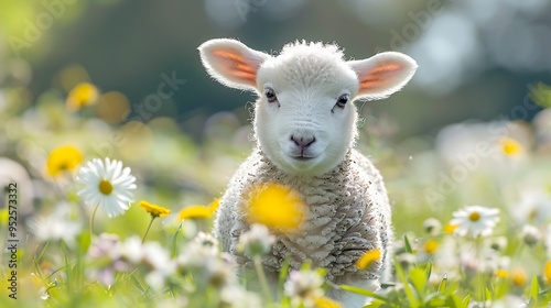 A fluffy white lamb stands in a field of wildflowers, looking directly at the camera.