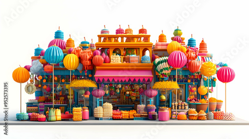 3D Candid Market Scene during Dussehra concept as A candid shot capturing the hustle and bustle of a market during Dussehra with vendors selling colorful decorations and sweets. The image emphasizes t