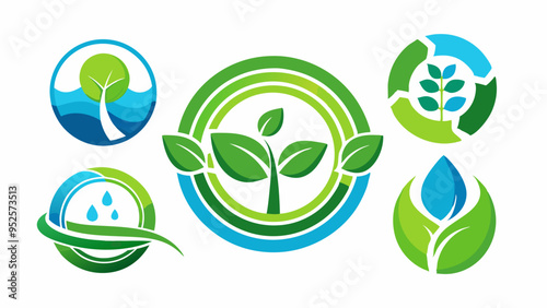 Eco-Friendly Emblems Symbols of Sustainability. circle leaves ecology logo plant water sphere Set of round icon symbol vector design.