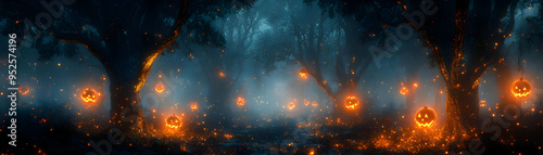 Glowing Abstract Haunted Forest concept as A dynamic glowing abstract digital art depicting a haunted forest with eerie glowing trees and floating orbs. The scene is ideal for Halloween ads promoting 