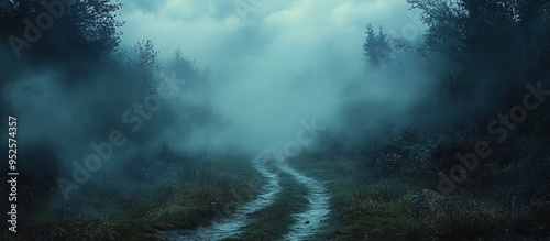 A gloomy woods with an eerie road blending reality and fantasy, with copyspace for text. Suitable for Halloween, fantasy literature, and horror themes.