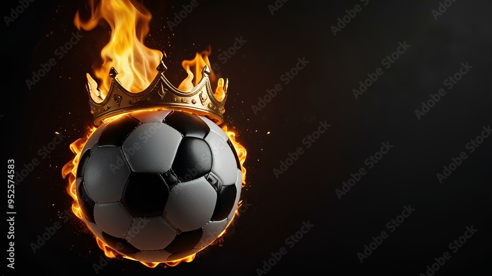 Fototapeta premium Flaming soccer ball with golden crown on black background. Epic goal, winner.