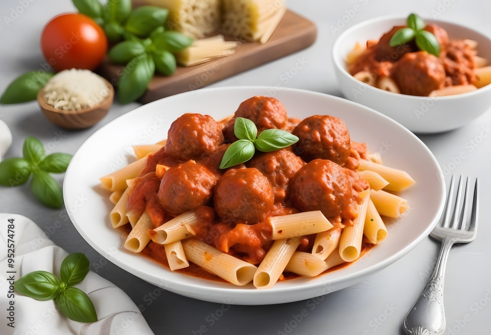 Penne pasta with meatballs in tomato sauce and vegetables in a bowl. Top view
Penne pasta with meatballs in tomato sauce and vegetables in a bowl. Top view