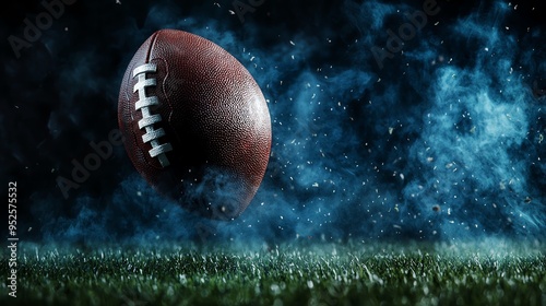 Dramatic image of a football mid-air on a dark football field with a smoky background, capturing the essence of the game and its intensity.