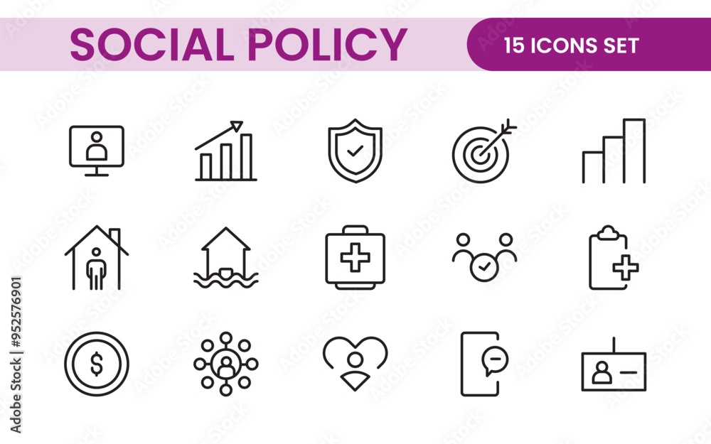 Fototapeta premium Set of Social Policy and Insuranceline icons. Outline icon collection related to education, insurance, law, goverment and more.